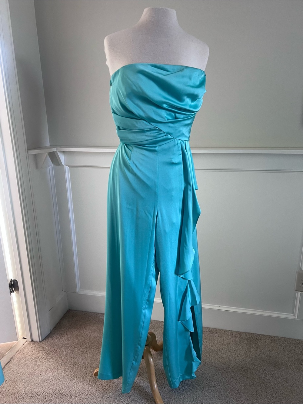 Dress the Population Aqua Strapless Wide-Leg Jumpsuit with Side Ruffle - Picture 2 of 3